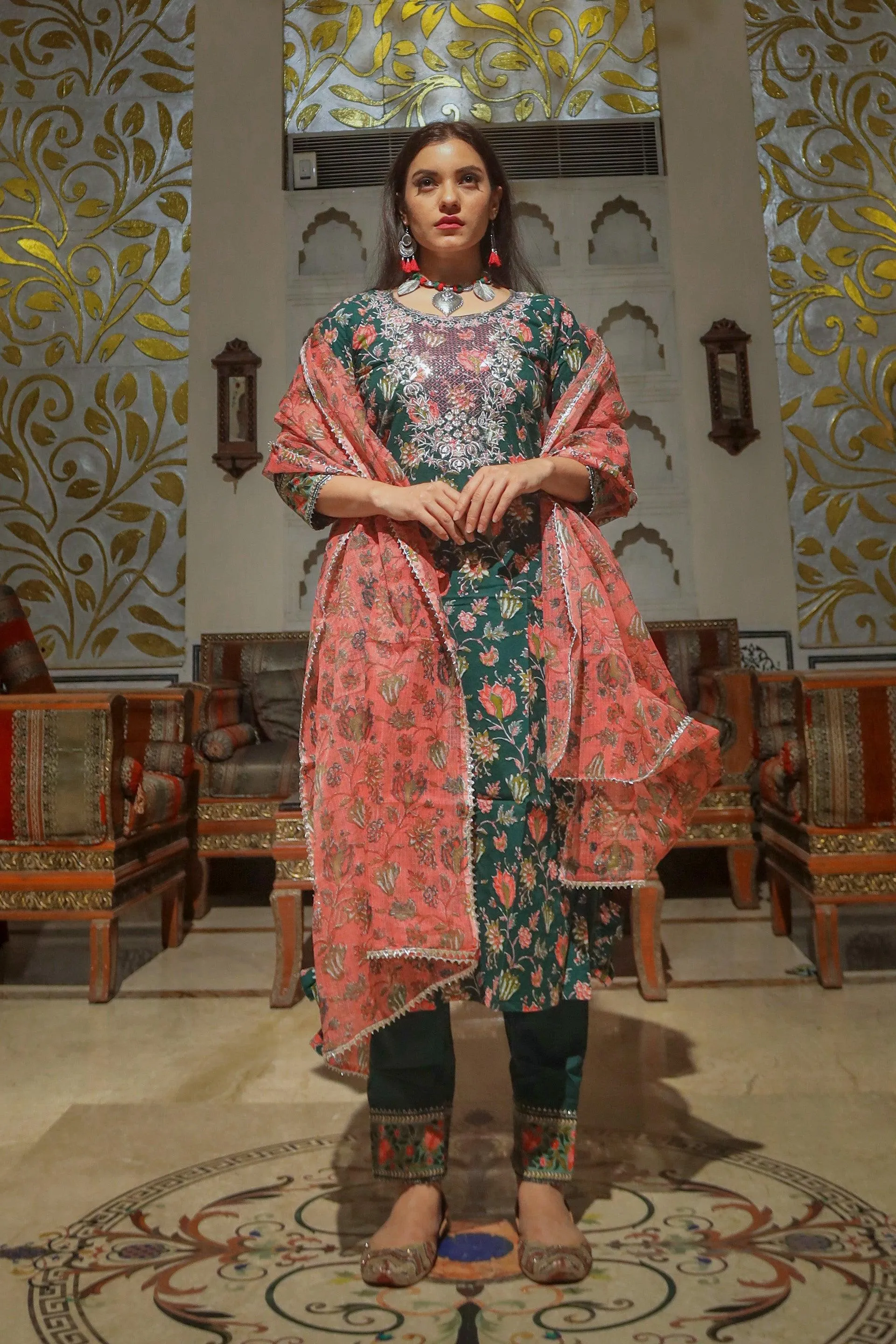 Divena Green Floral Printed Kurta Pant Set with Dupatta