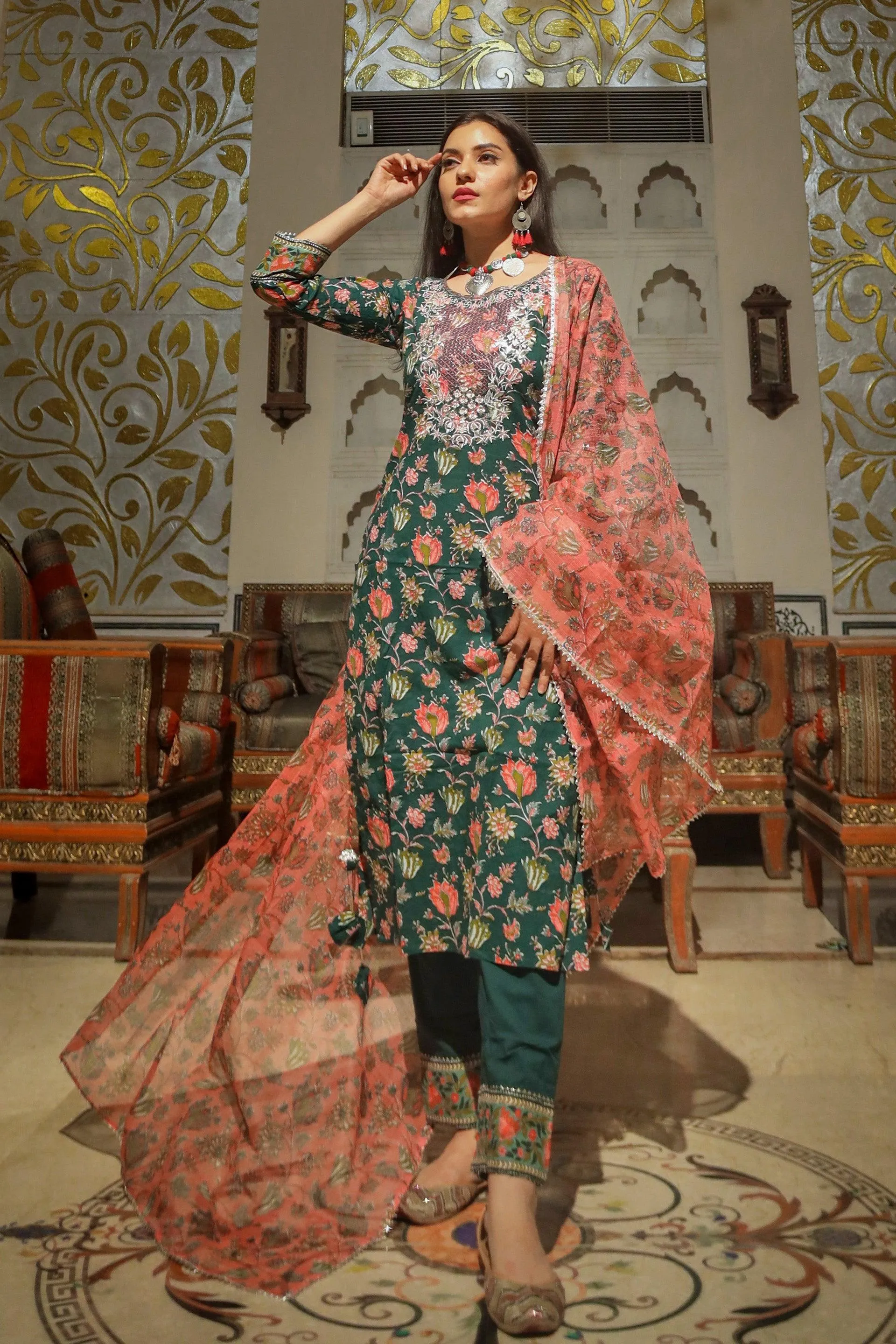 Divena Green Floral Printed Kurta Pant Set with Dupatta