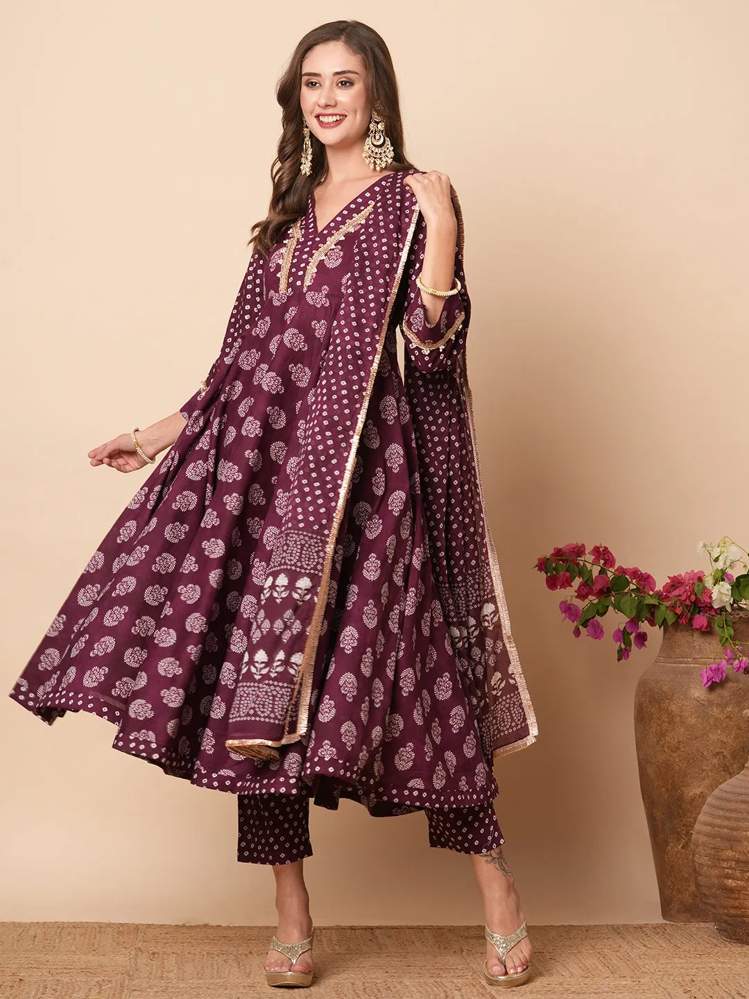 Ethnic Floral Block Printed & Embroidered A-Line Kurta with Pant & Dupatta - Burgundy