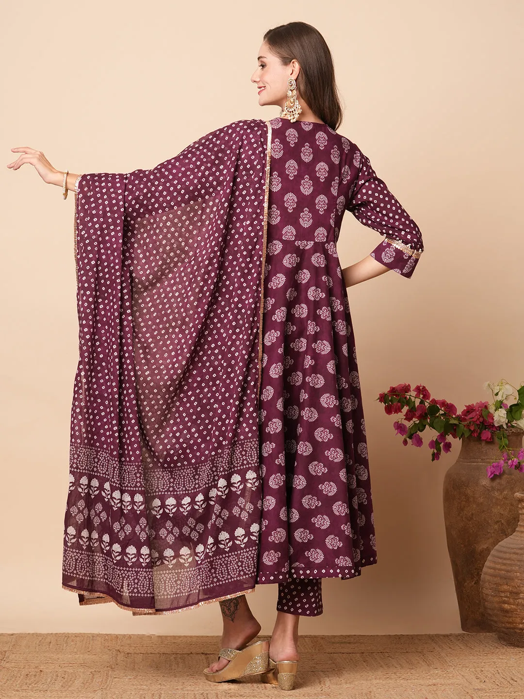 Ethnic Floral Block Printed & Embroidered A-Line Kurta with Pant & Dupatta - Burgundy