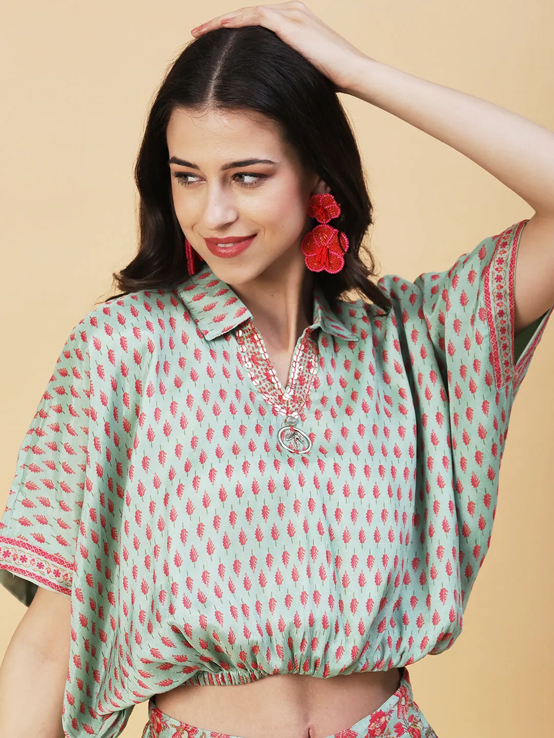 Ethnic Floral Printed Kaftan Crop Top with Palazzo - Green