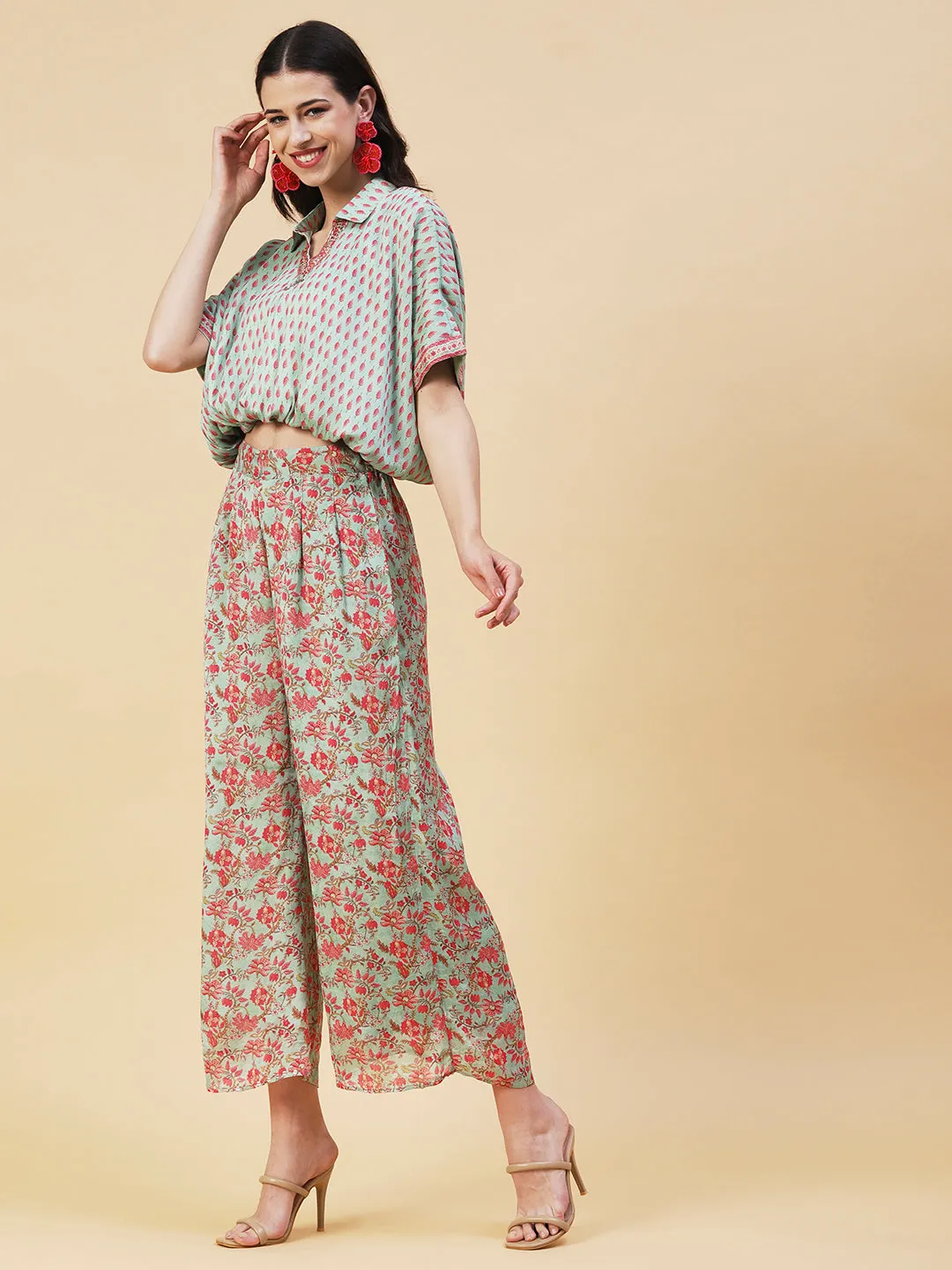 Ethnic Floral Printed Kaftan Crop Top with Palazzo - Green