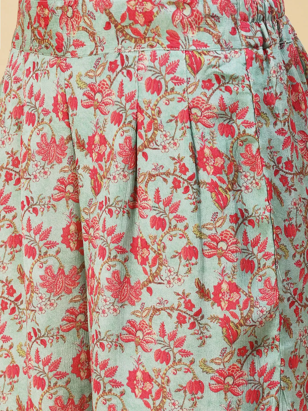Ethnic Floral Printed Kaftan Crop Top with Palazzo - Green
