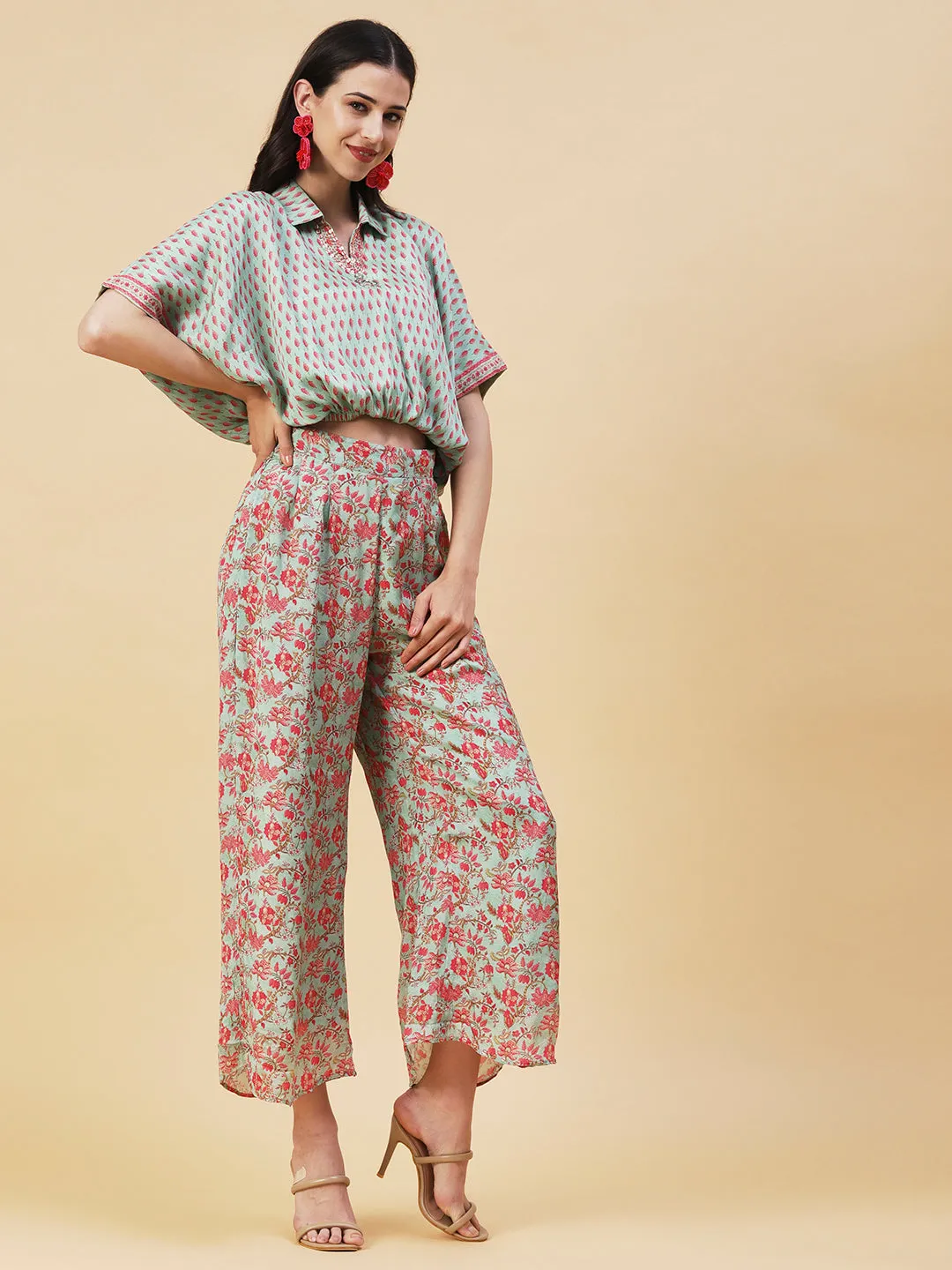 Ethnic Floral Printed Kaftan Crop Top with Palazzo - Green
