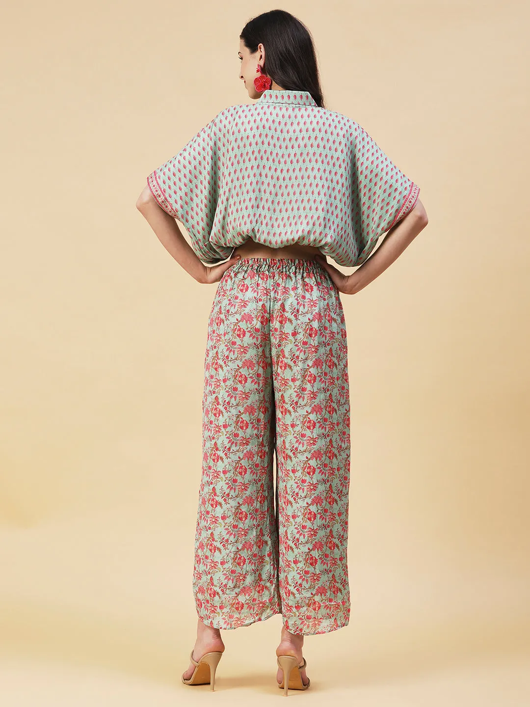 Ethnic Floral Printed Kaftan Crop Top with Palazzo - Green