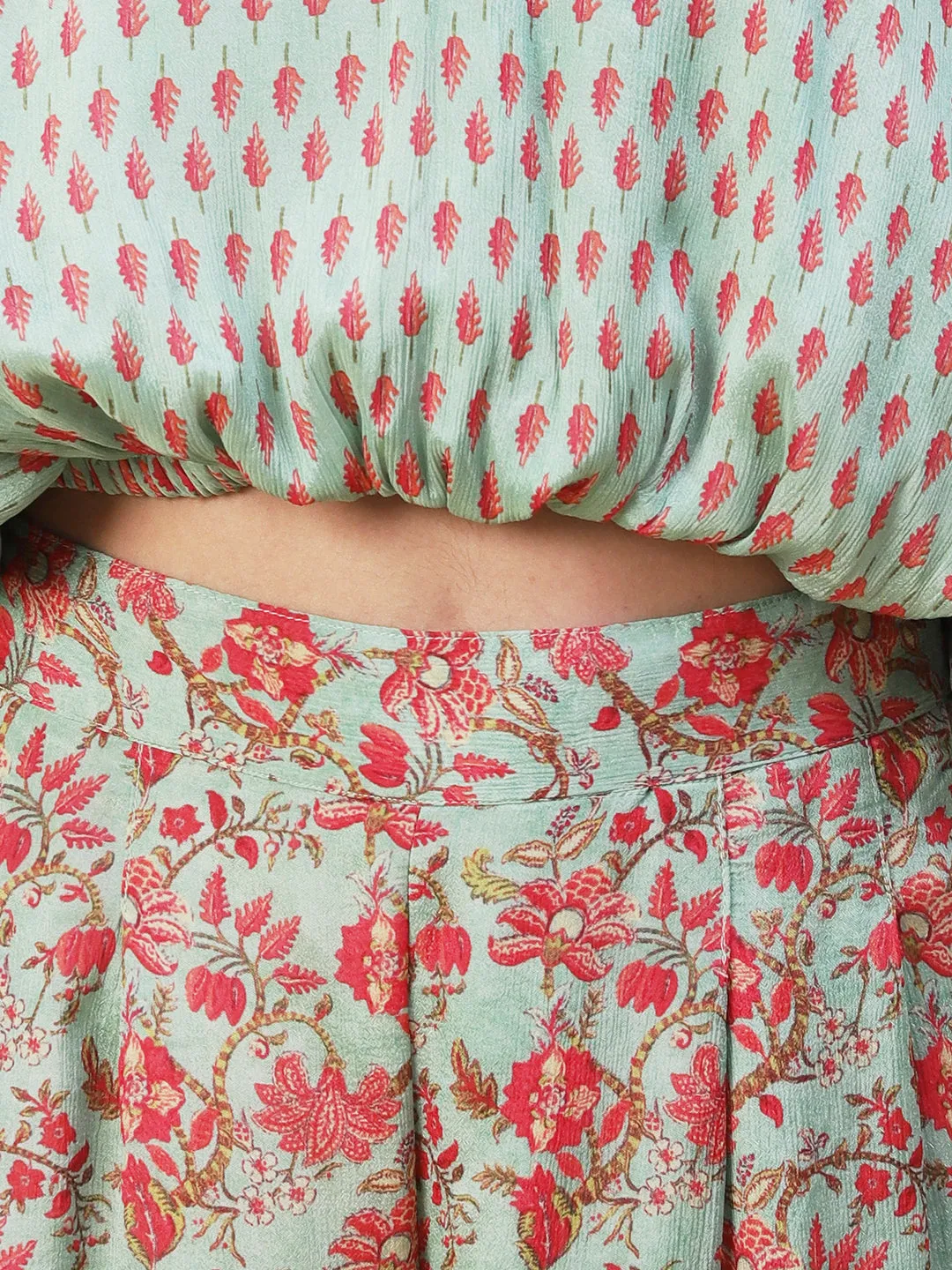 Ethnic Floral Printed Kaftan Crop Top with Palazzo - Green