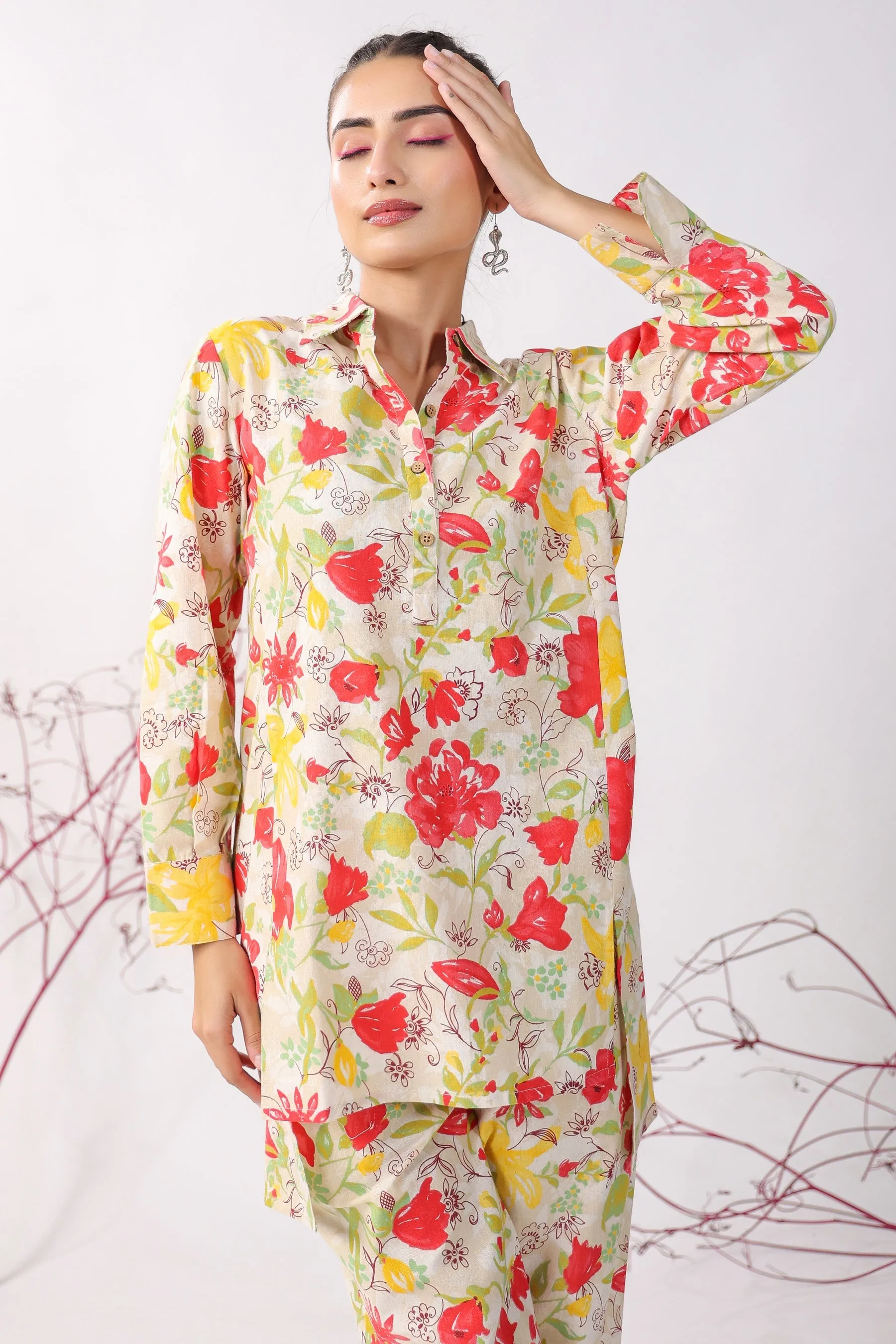 Fleurs Jaal On Cotton Flex Co-ord Set