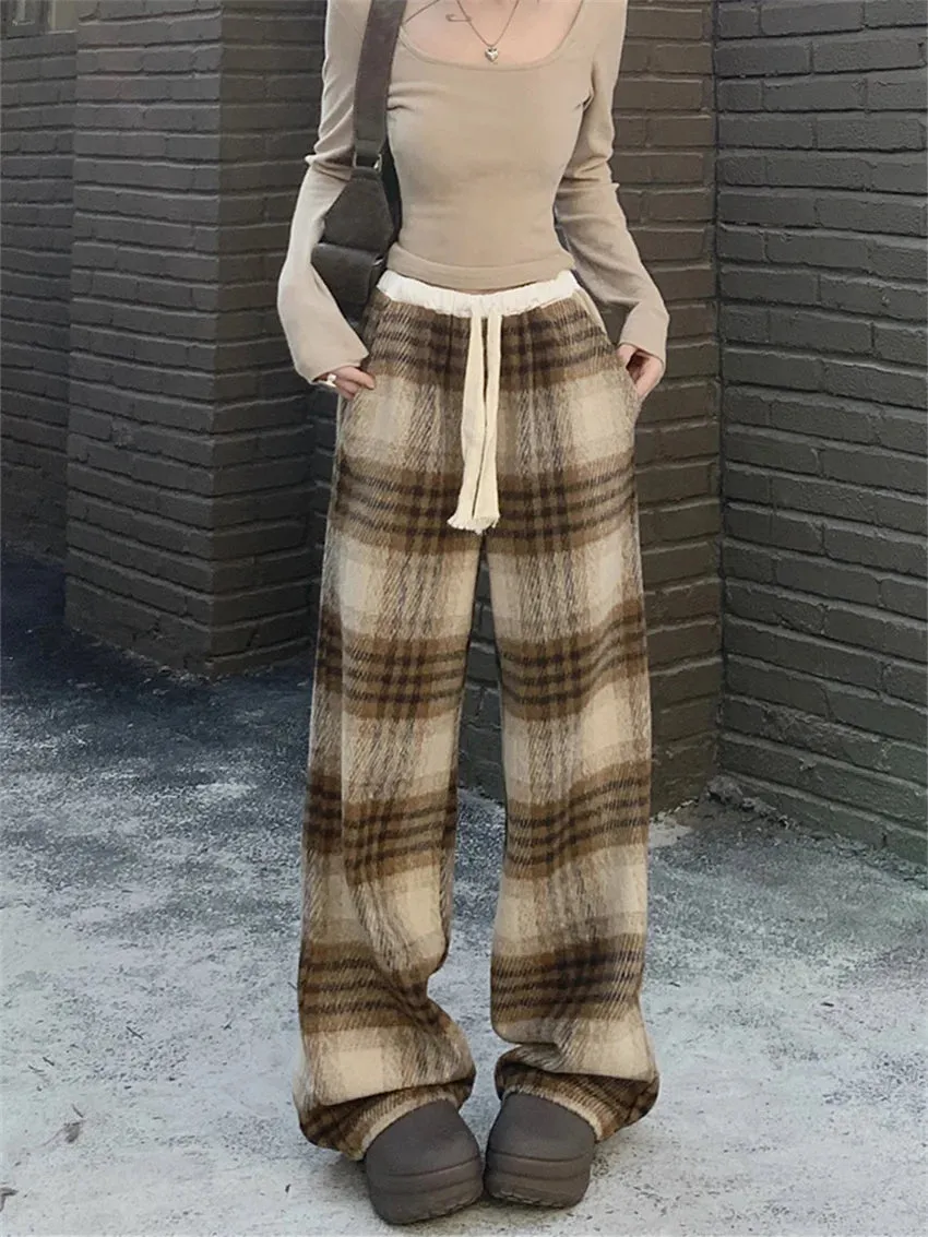 Girlary 2024 Plaid High Street Loose Trousers Women Chic Vintage Plush Wide Leg Straight Winter Daily Casual Office Lady New