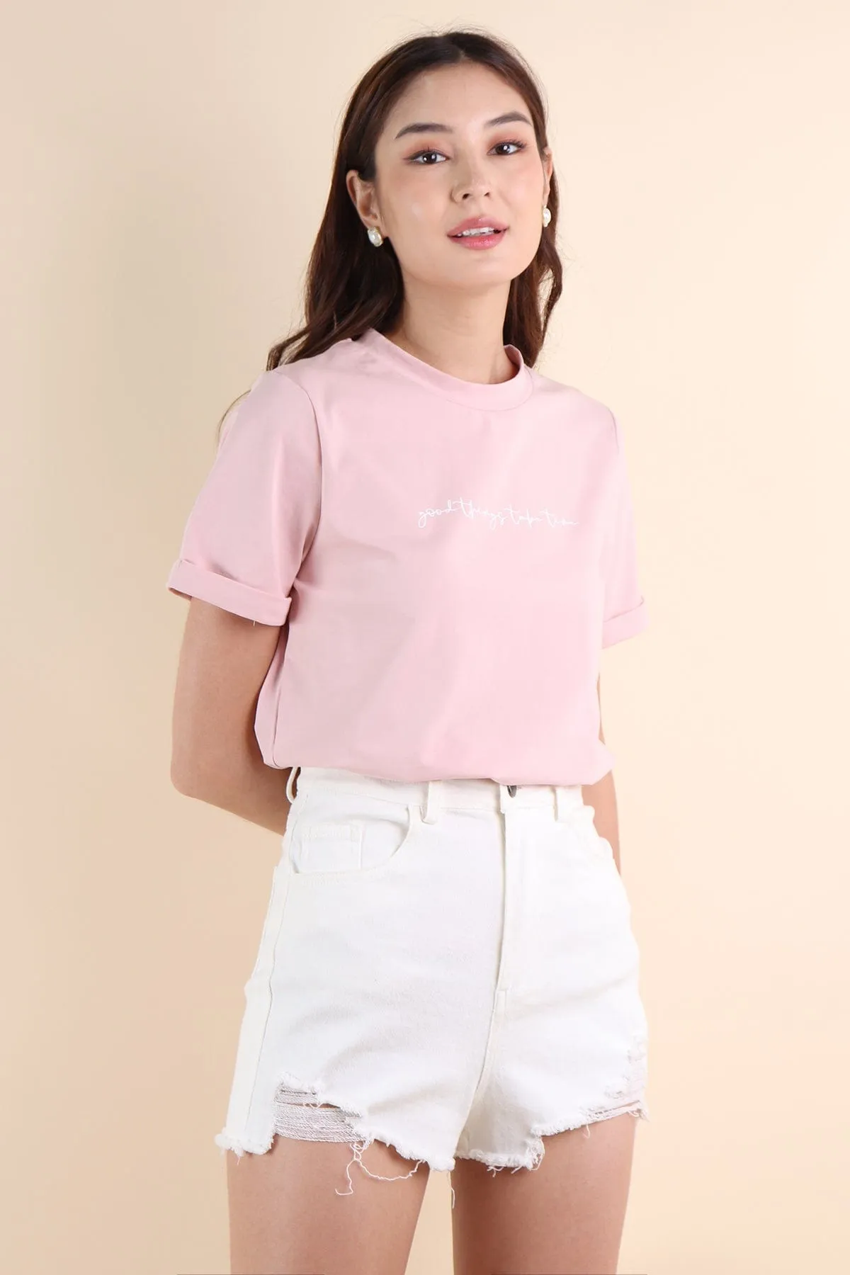 GOOD THINGS TAKE TIME QUOTE TEE IN PINK