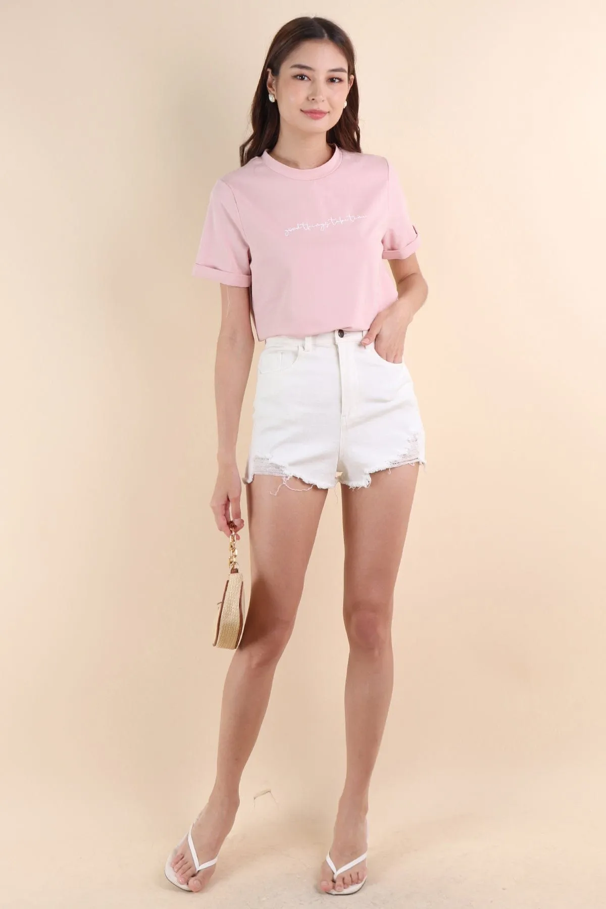 GOOD THINGS TAKE TIME QUOTE TEE IN PINK