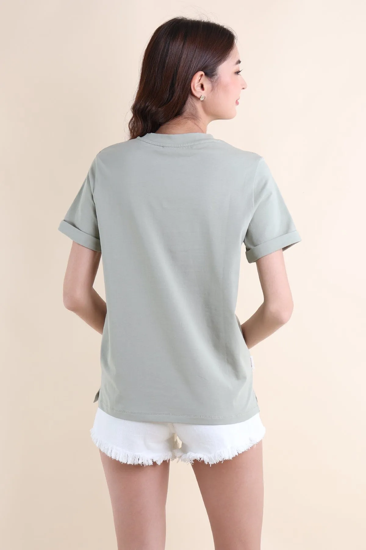 GOOD THINGS TAKE TIME QUOTE TEE IN SAGE GREEN