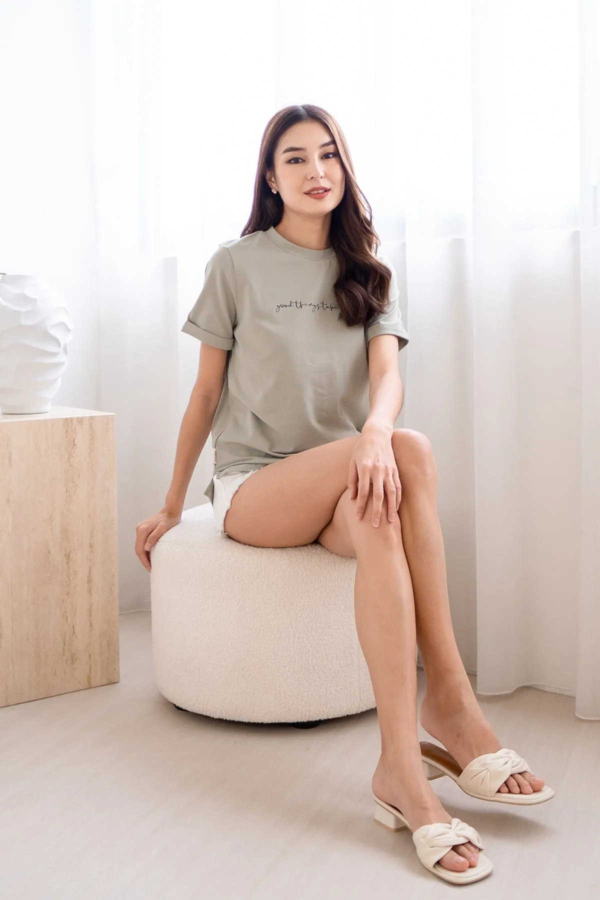 GOOD THINGS TAKE TIME QUOTE TEE IN SAGE GREEN