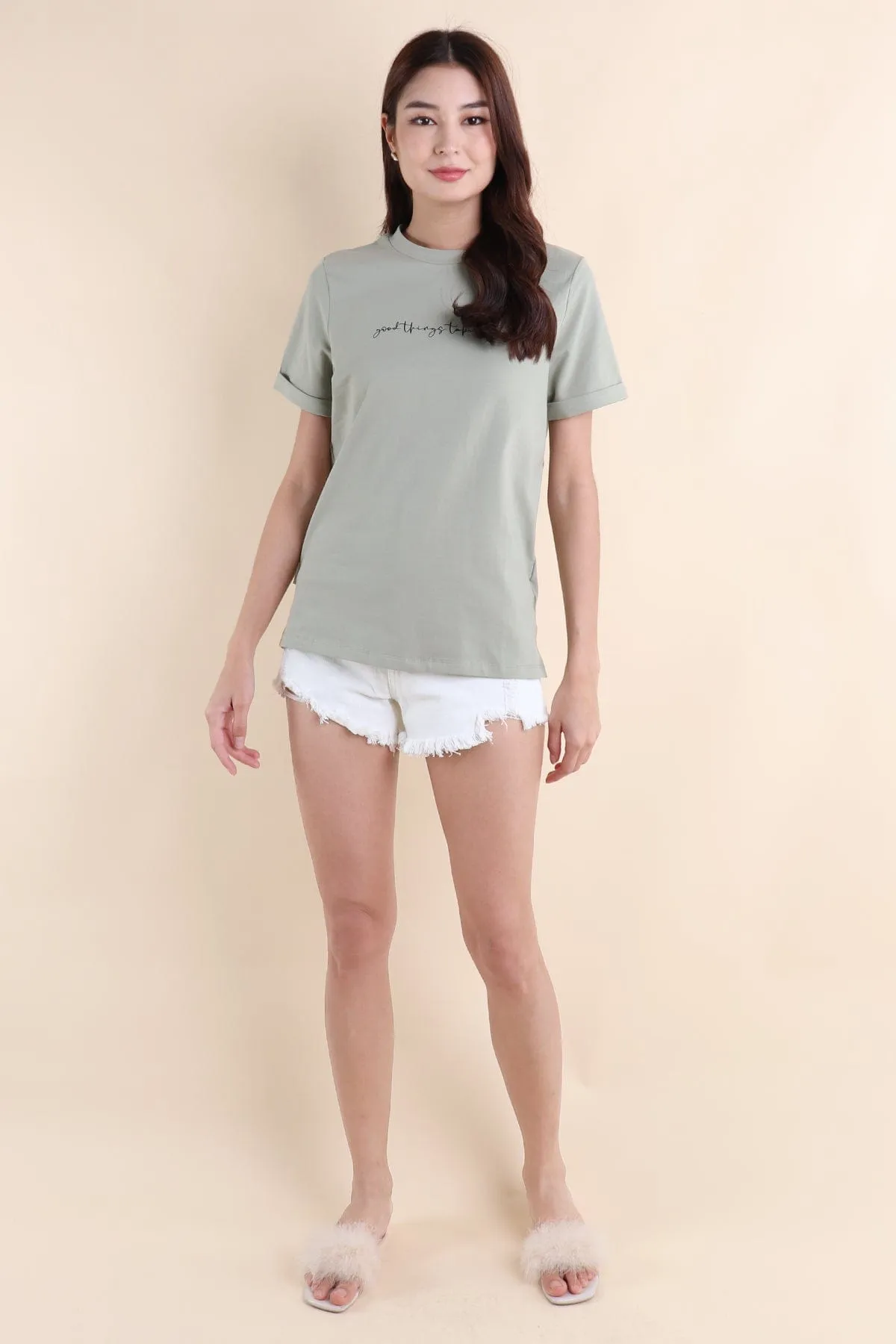 GOOD THINGS TAKE TIME QUOTE TEE IN SAGE GREEN