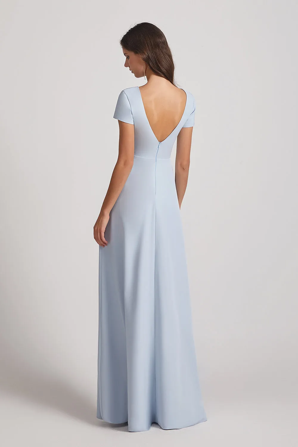 Illusion V-Neck Short Sleeve Bridesmaid Dresses with Front Slit (AF0021)