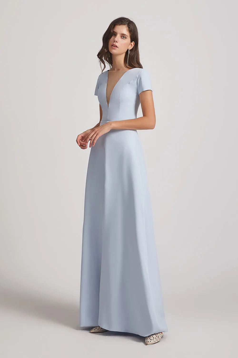 Illusion V-Neck Short Sleeve Bridesmaid Dresses with Front Slit (AF0021)