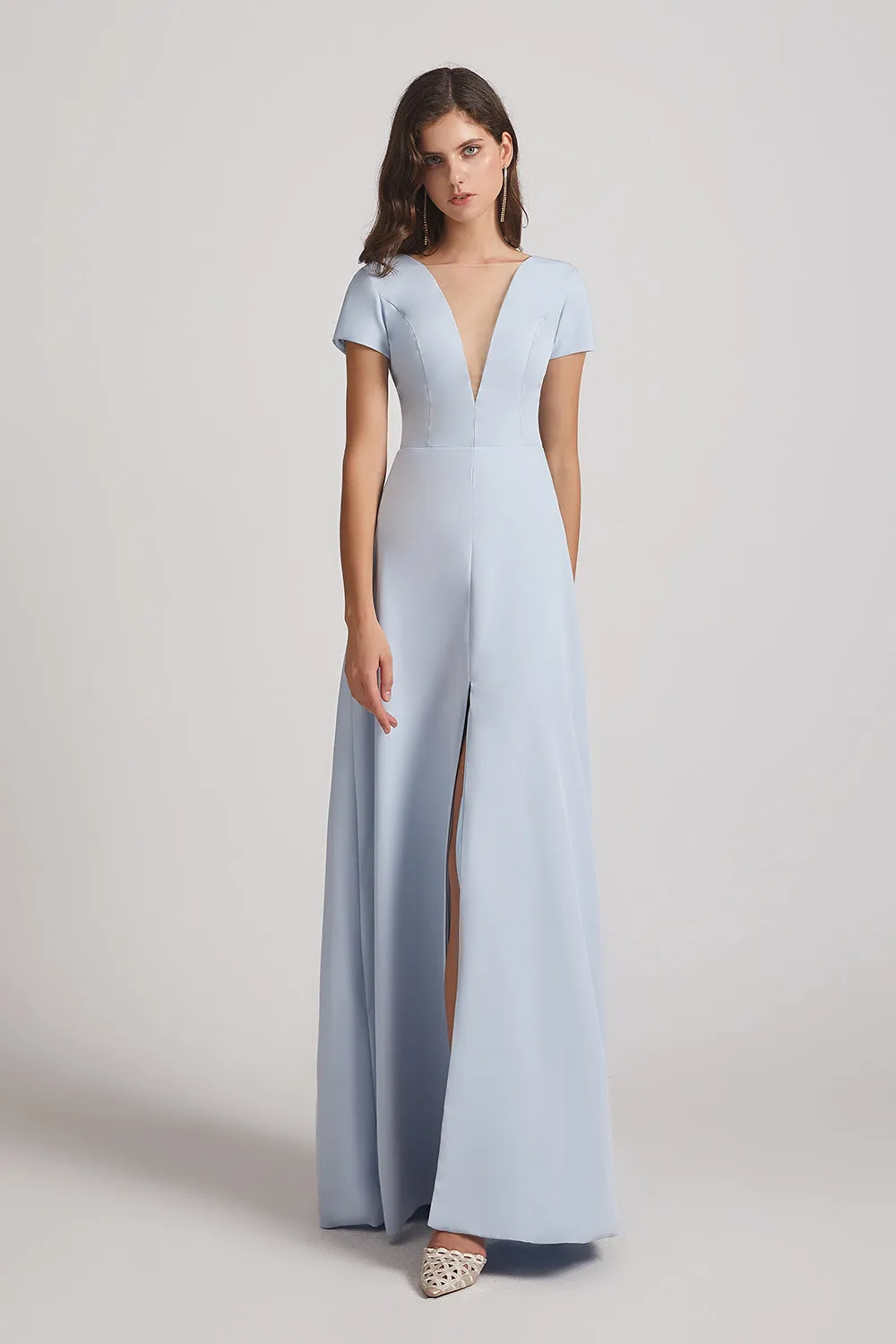Illusion V-Neck Short Sleeve Bridesmaid Dresses with Front Slit (AF0021)