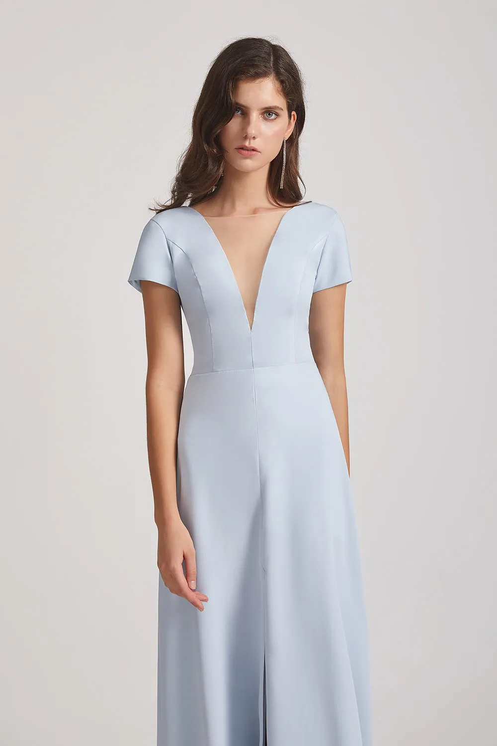 Illusion V-Neck Short Sleeve Bridesmaid Dresses with Front Slit (AF0021)