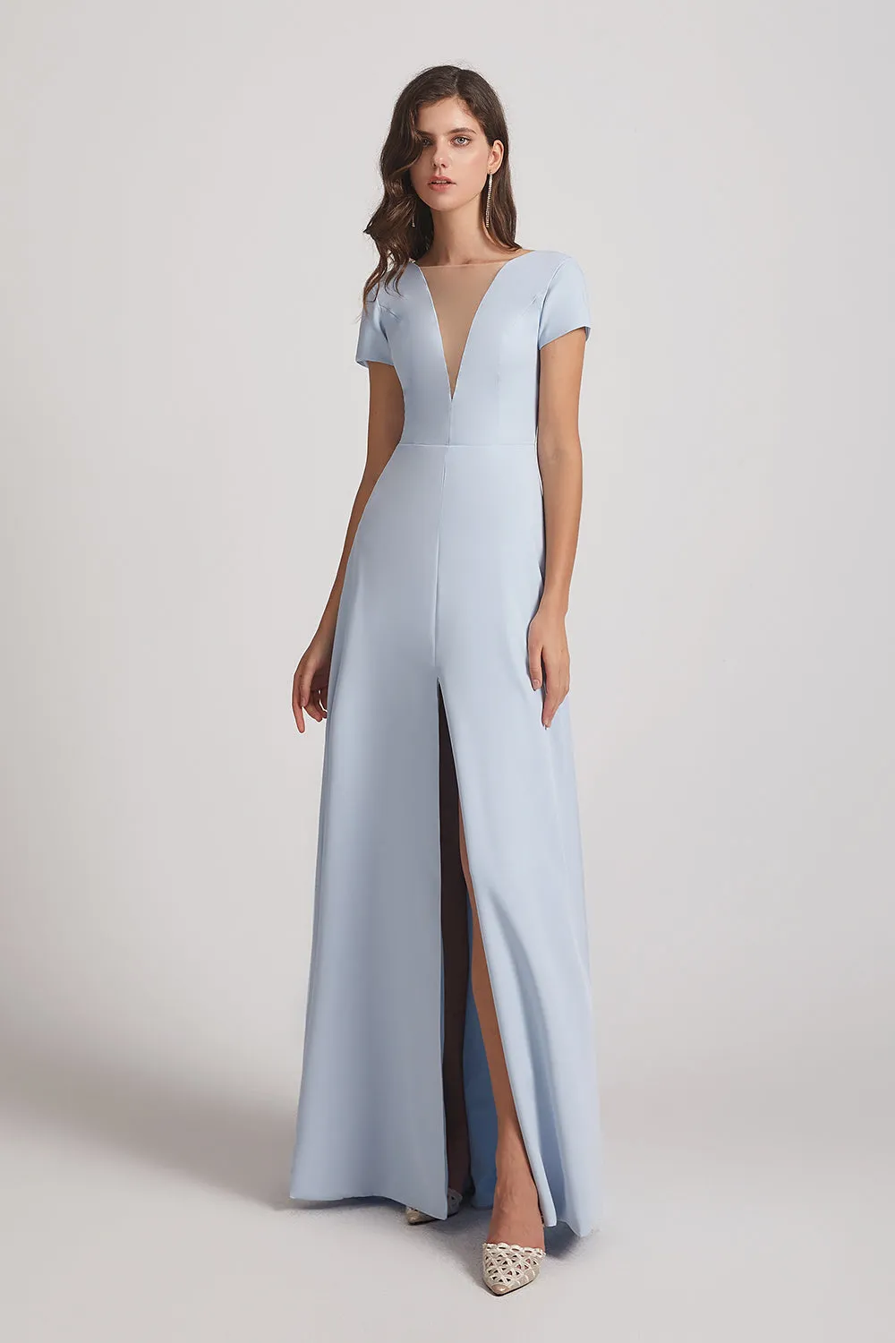 Illusion V-Neck Short Sleeve Bridesmaid Dresses with Front Slit (AF0021)