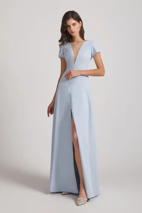 Illusion V-Neck Short Sleeve Bridesmaid Dresses with Front Slit (AF0021)