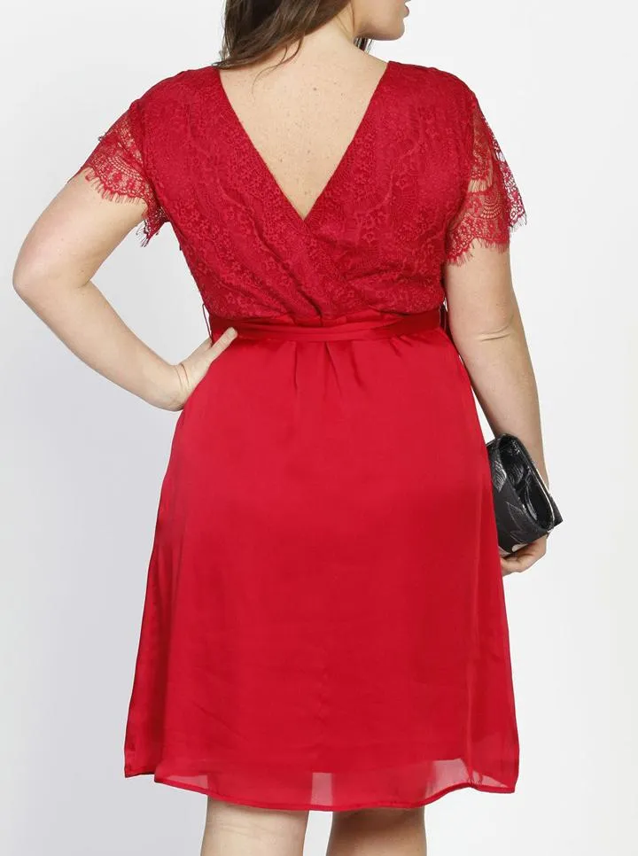 Isobel Maternity Mid Length Lace Party Dress - Red