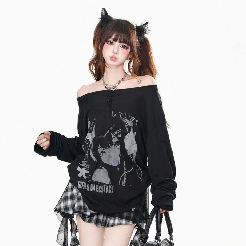 Kawaii Cartoon Girl Print One-shoulder Long-Sleeved T-shirt