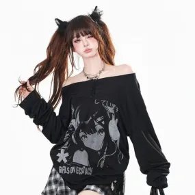 Kawaii Cartoon Girl Print One-shoulder Long-Sleeved T-shirt