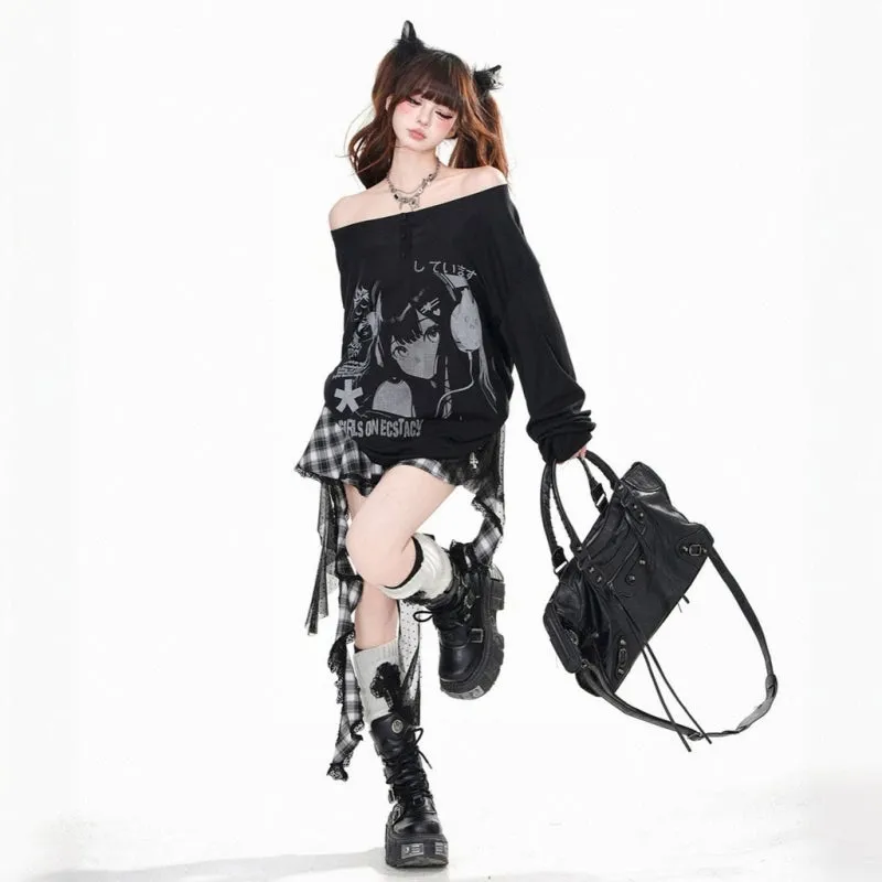 Kawaii Cartoon Girl Print One-shoulder Long-Sleeved T-shirt