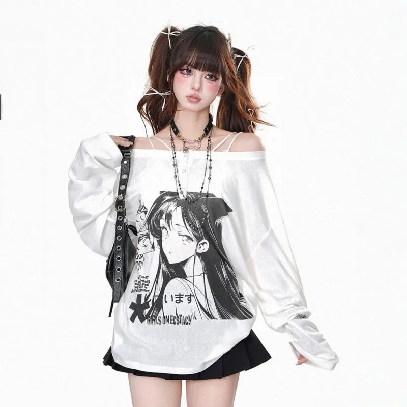Kawaii Cartoon Girl Print One-shoulder Long-Sleeved T-shirt