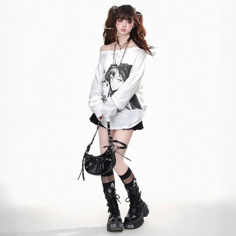 Kawaii Cartoon Girl Print One-shoulder Long-Sleeved T-shirt