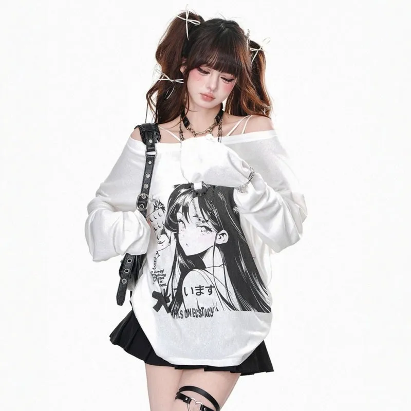 Kawaii Cartoon Girl Print One-shoulder Long-Sleeved T-shirt