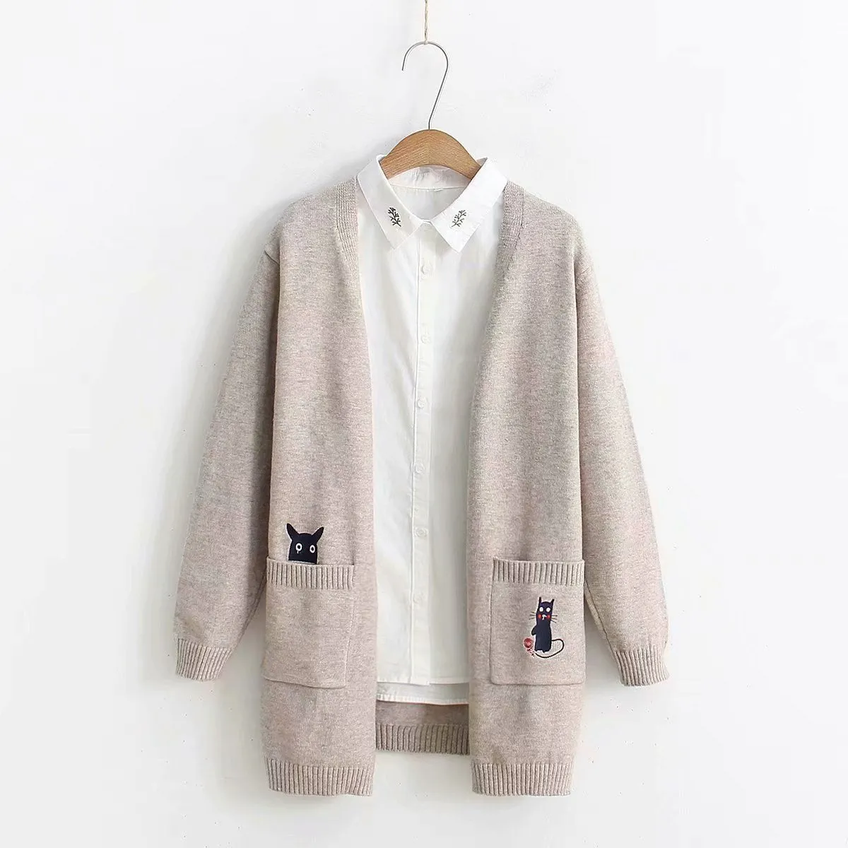 Kawaii Cat And Mouse Embroidery Loose Cardigan Sweater