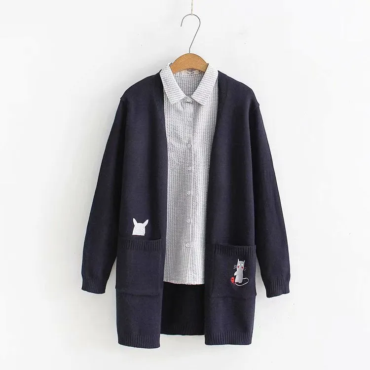 Kawaii Cat And Mouse Embroidery Loose Cardigan Sweater