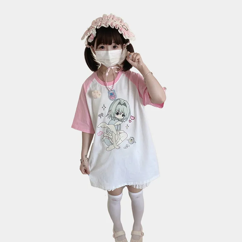 Kawaii Jirai Kei Style Pink Cartoon Print T-shirt