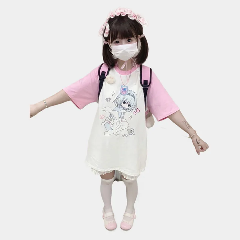 Kawaii Jirai Kei Style Pink Cartoon Print T-shirt