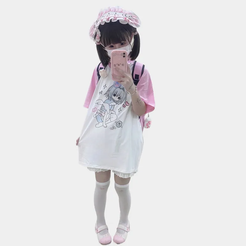 Kawaii Jirai Kei Style Pink Cartoon Print T-shirt
