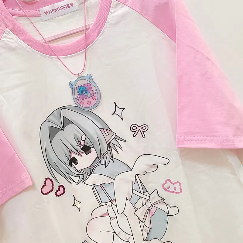 Kawaii Jirai Kei Style Pink Cartoon Print T-shirt