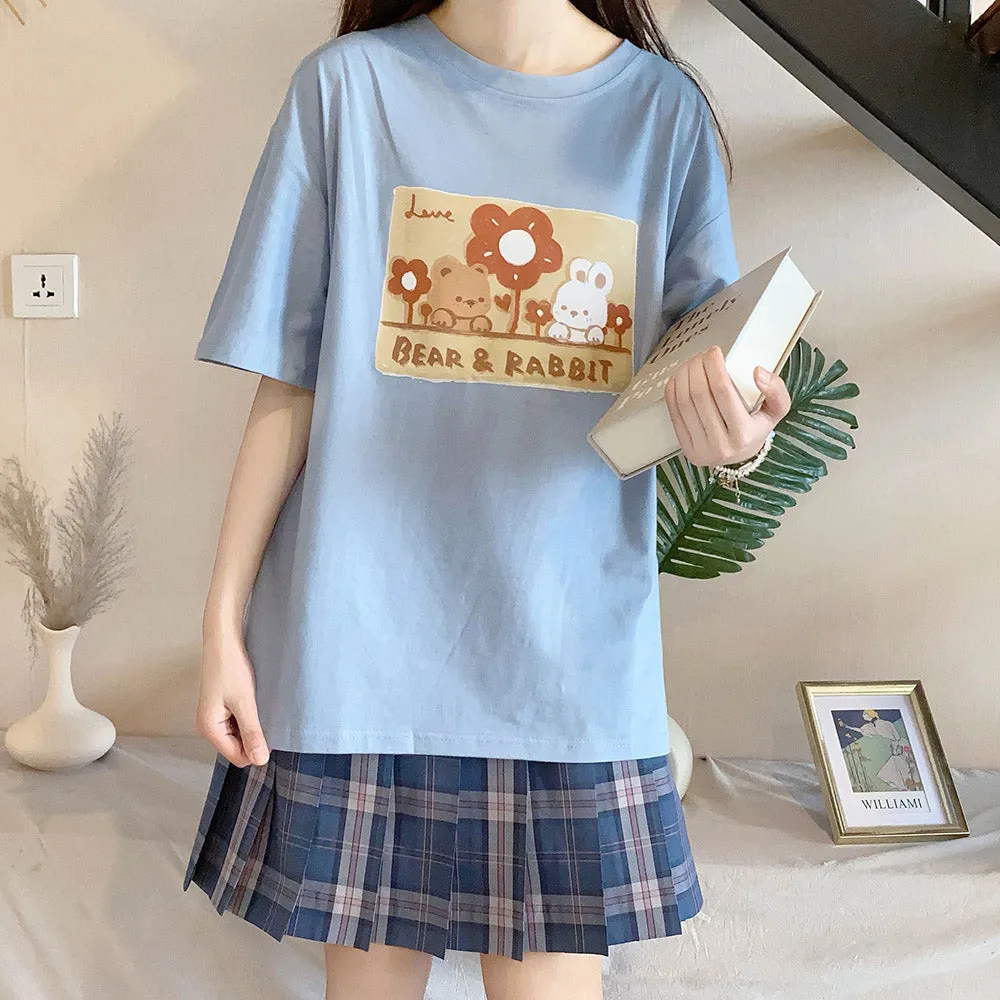 Kawaii Soft Girl Style Cartoon Bear Print T-shirt