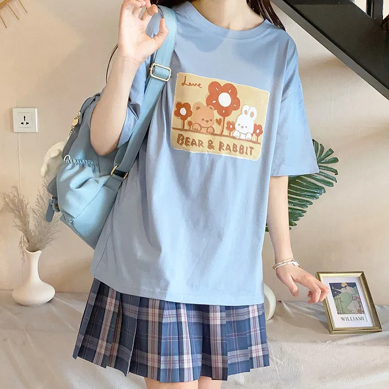 Kawaii Soft Girl Style Cartoon Bear Print T-shirt
