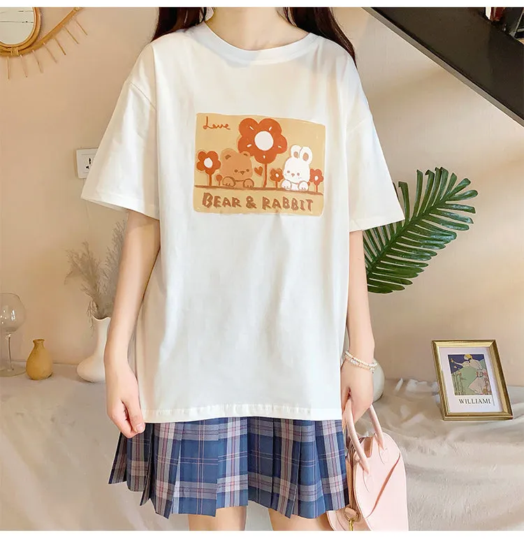 Kawaii Soft Girl Style Cartoon Bear Print T-shirt