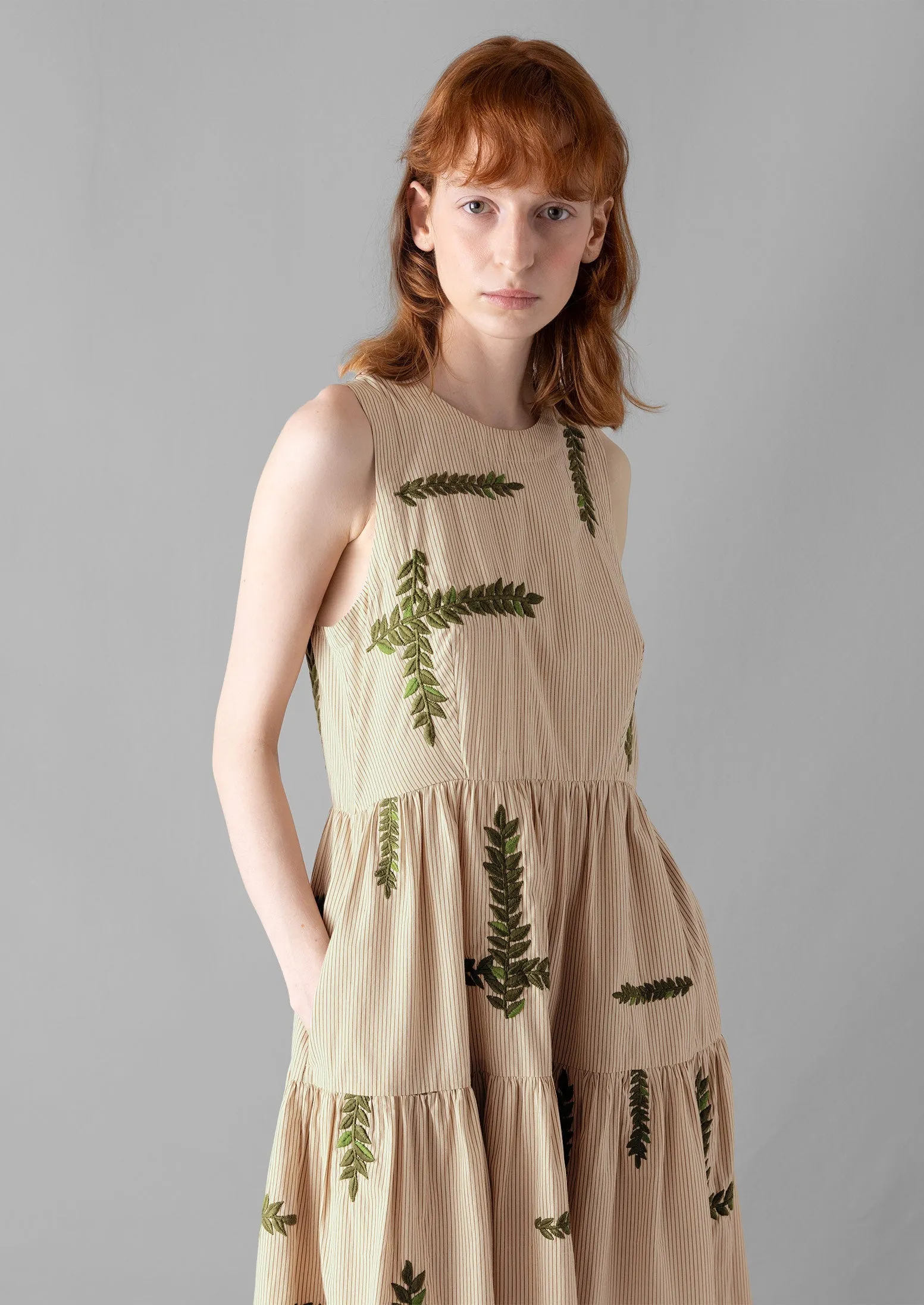 Leaf Embroidered Stripe Poplin Dress | Garden Leaf