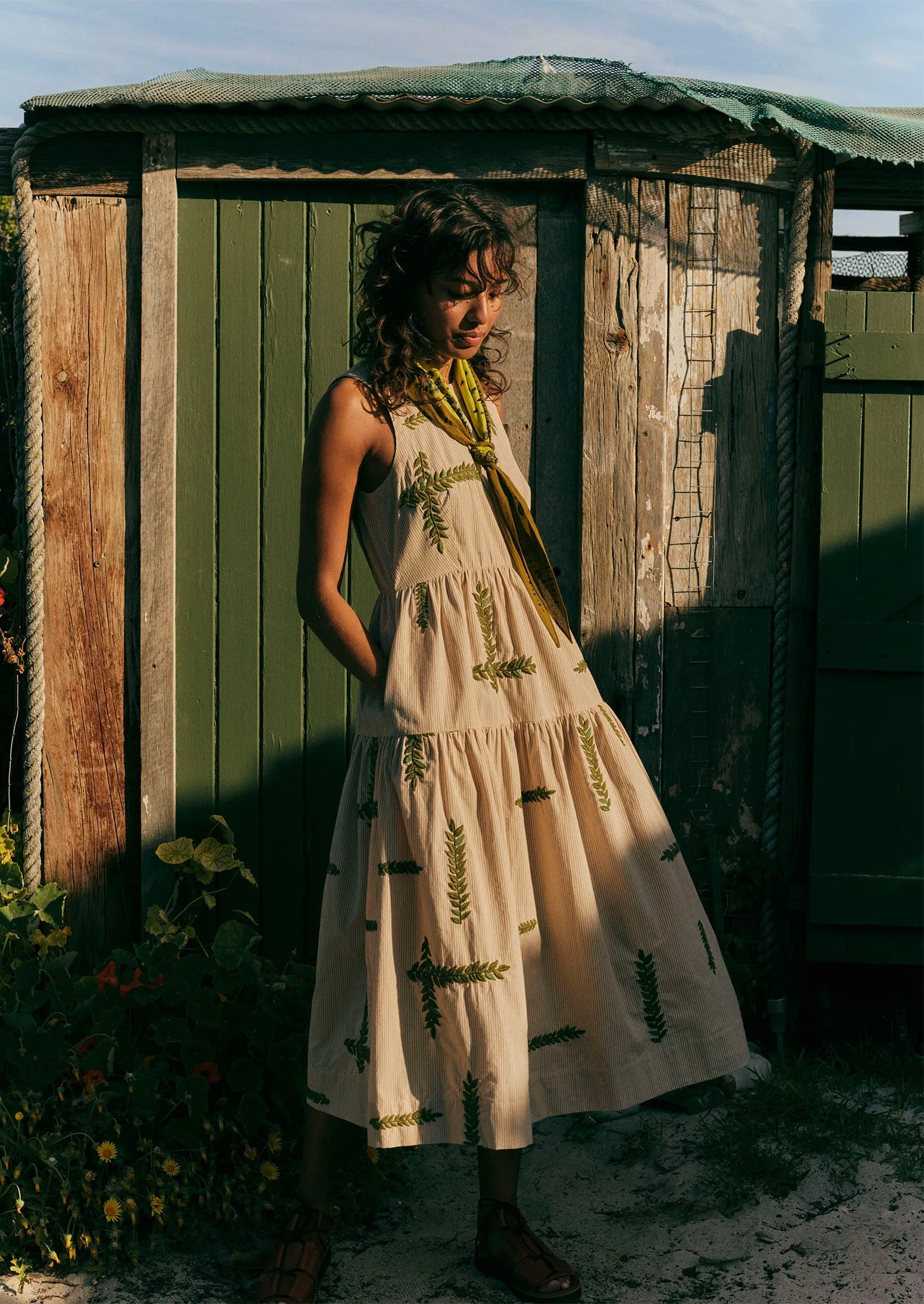 Leaf Embroidered Stripe Poplin Dress | Garden Leaf