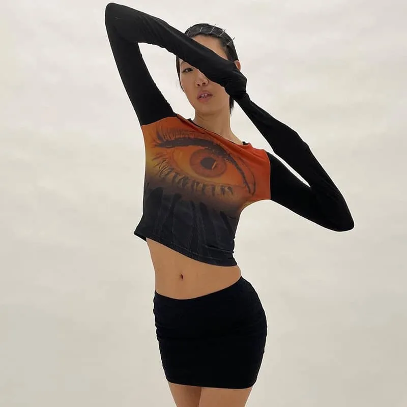 Long-sleeved printed midriff casual T-shirt