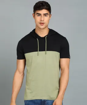 Men's Black, Olive Cotton Slim Fit Half Sleeve Hooded T-Shirt