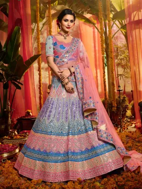 Multicolor Pure Organza With Mirror Semi Stitched Lehenga With Unstitched Blouse