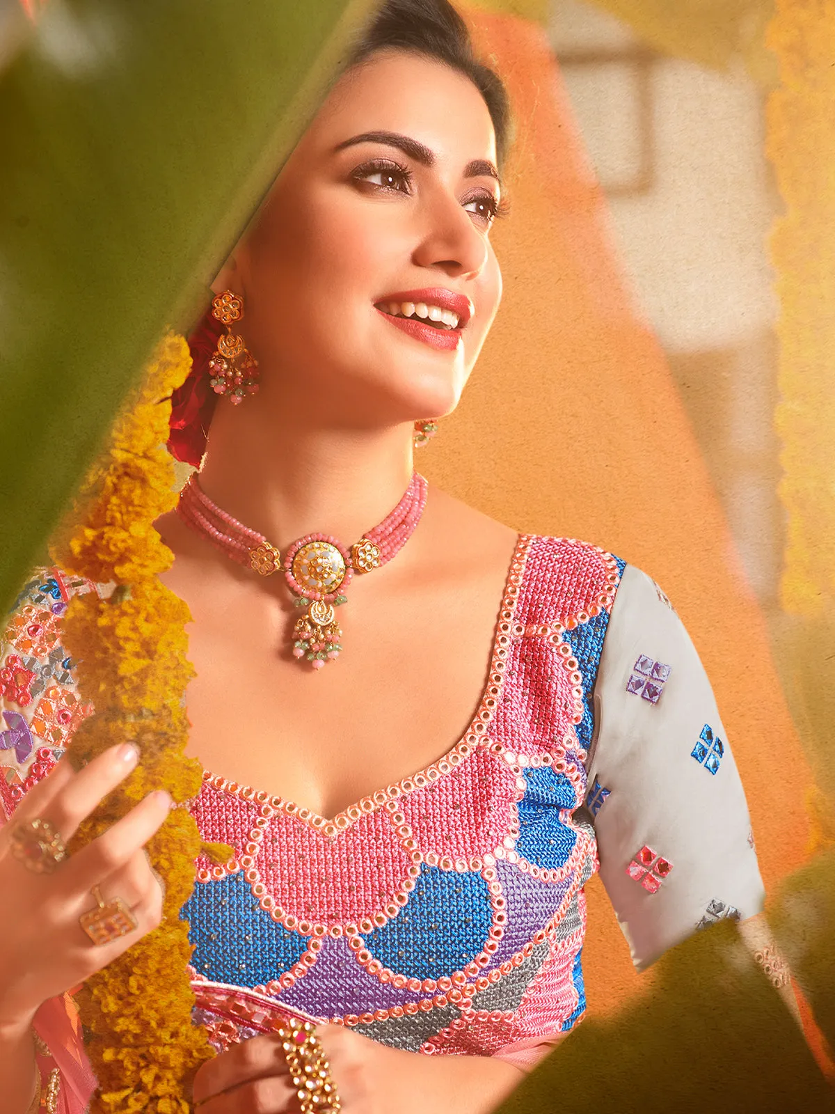 Multicolor Pure Organza With Mirror Semi Stitched Lehenga With Unstitched Blouse