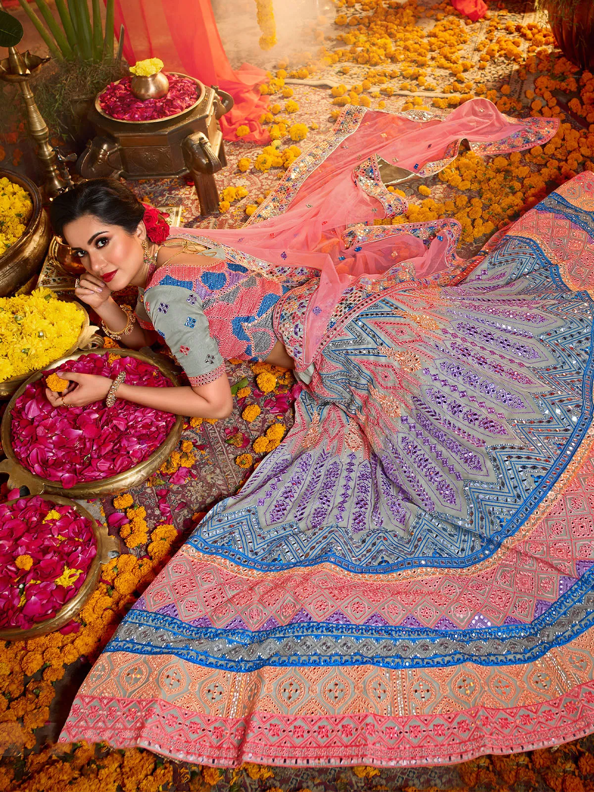 Multicolor Pure Organza With Mirror Semi Stitched Lehenga With Unstitched Blouse