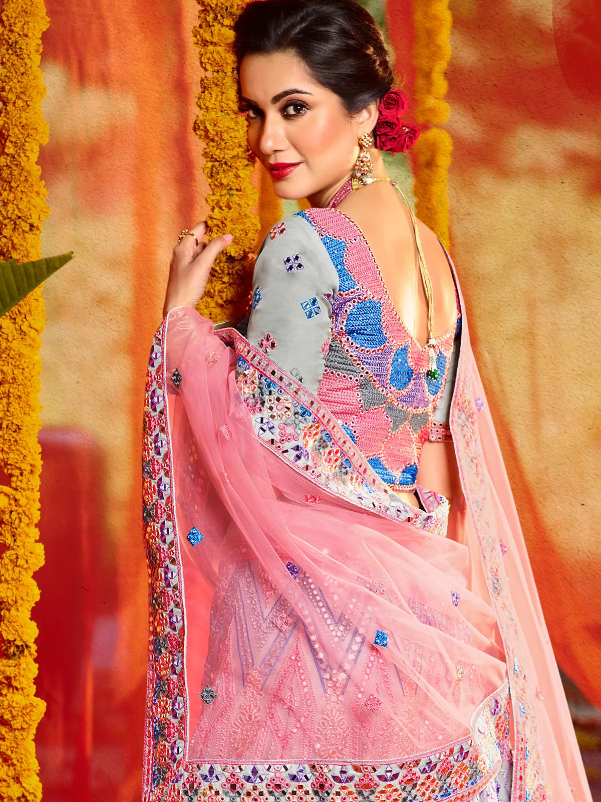 Multicolor Pure Organza With Mirror Semi Stitched Lehenga With Unstitched Blouse