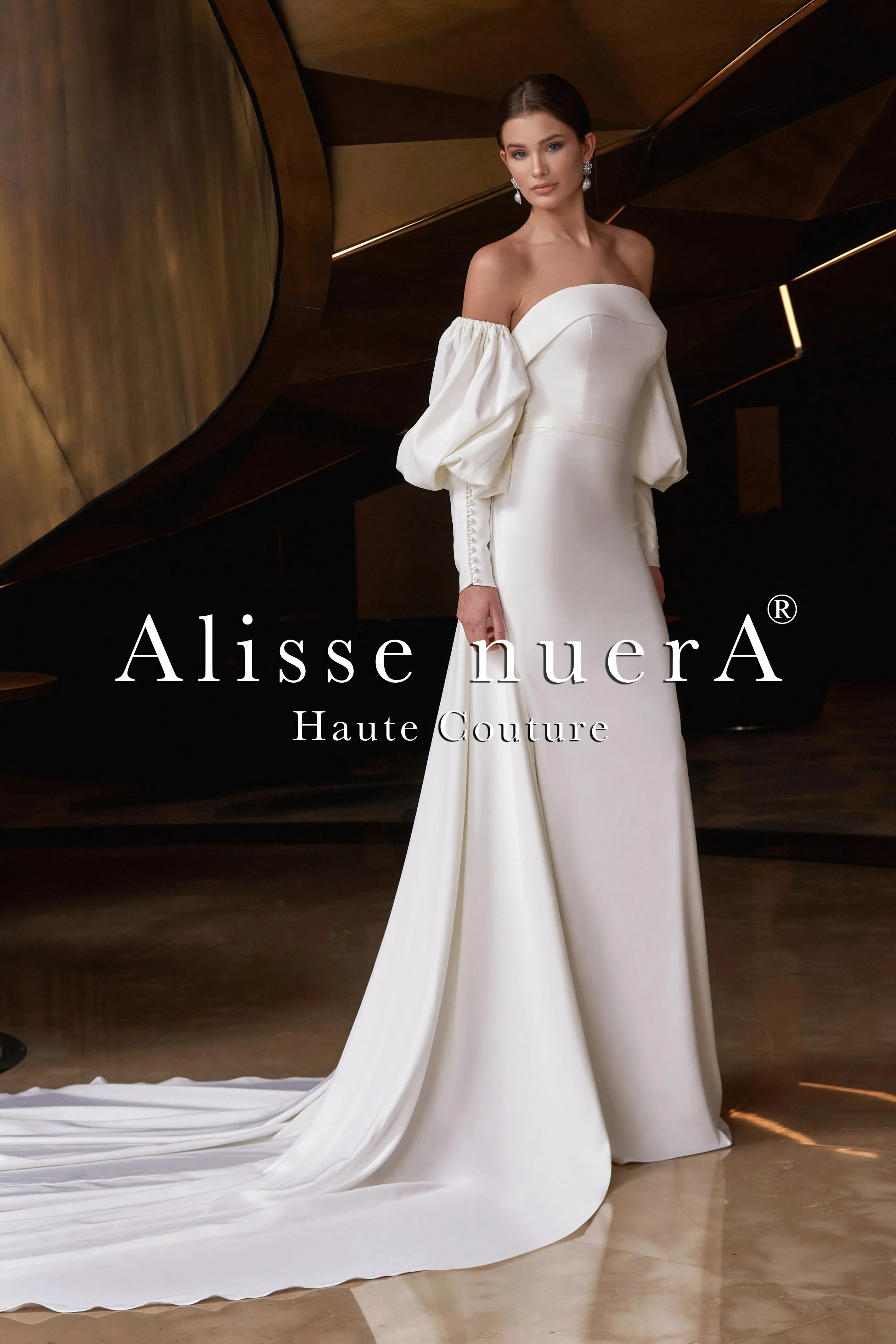 Satin Watteau Wedding Dress with Removable Bishop Sleeve