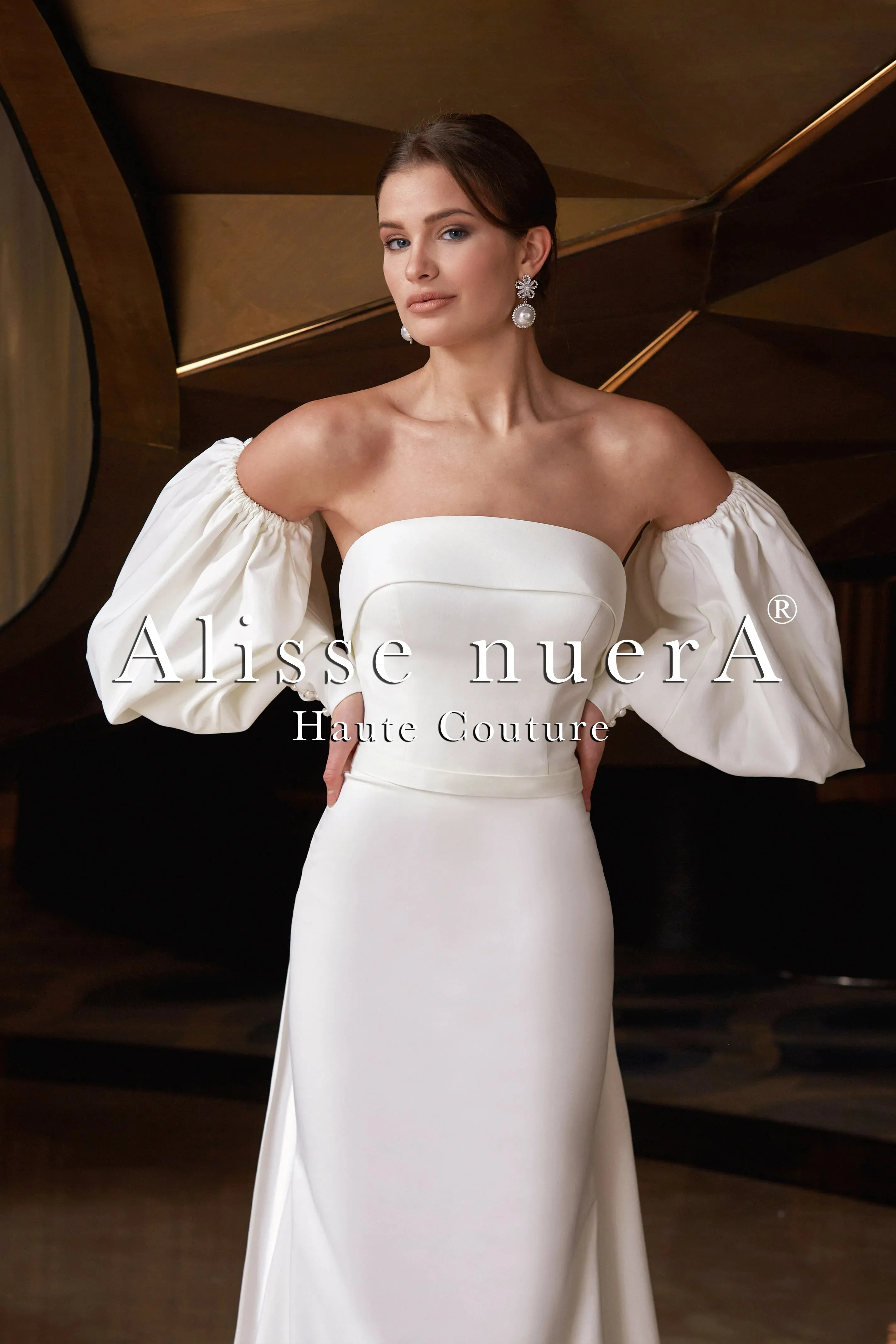 Satin Watteau Wedding Dress with Removable Bishop Sleeve