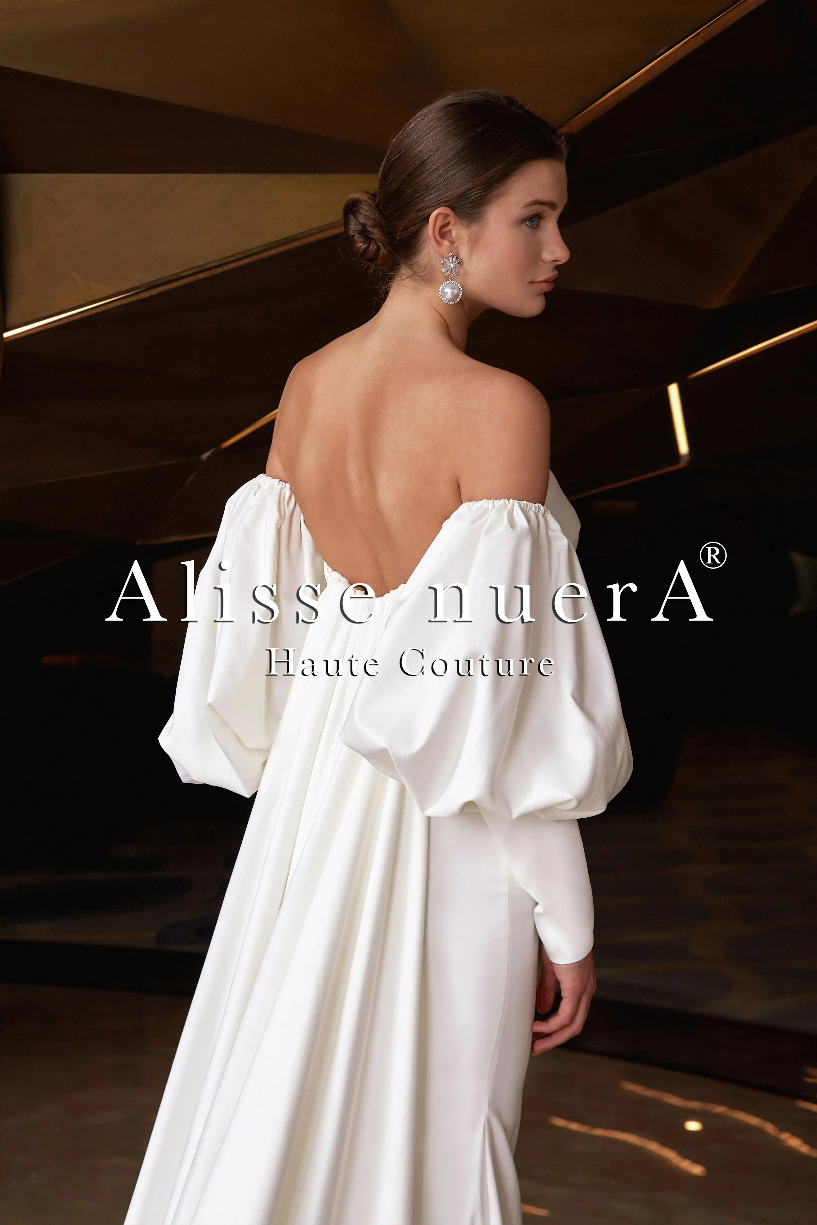 Satin Watteau Wedding Dress with Removable Bishop Sleeve